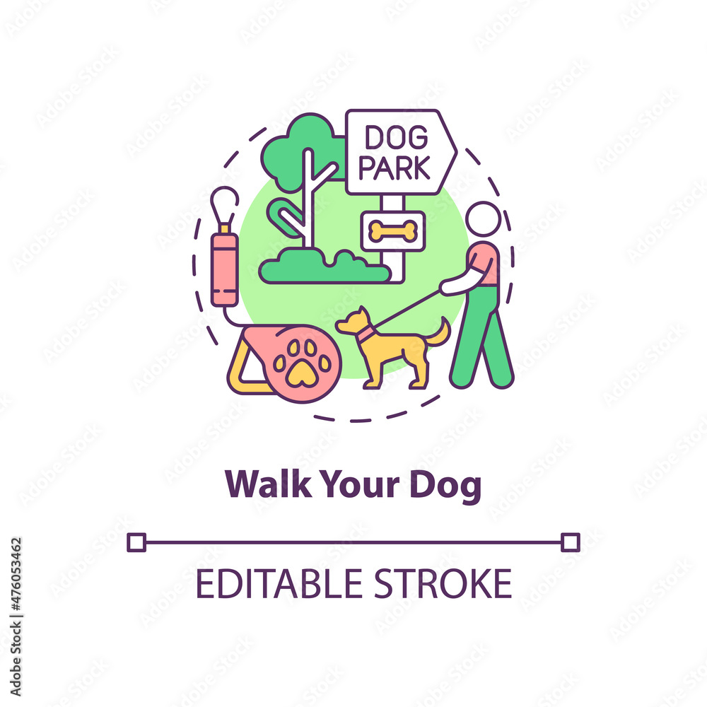 Walk your dog concept icon. Taking care of pets. Morning routine abstract idea thin line illustration. Isolated outline drawing. Editable stroke. Roboto-Medium, Myriad Pro-Bold fonts used
