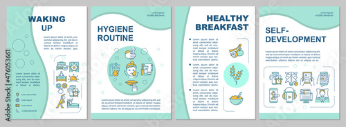 Waking up mint brochure template. Morning routine tips. Booklet print design with linear icons. Vector layouts for presentation, annual reports, ads. Arial, Myriad Pro-Regular fonts used
