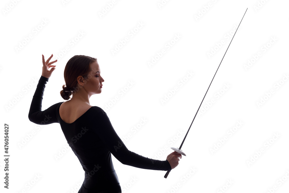 Silhouette of a young woman with a sword in her hand on an isolated background. Silhouette of a young woman with a sword in her hand on an isolated background.