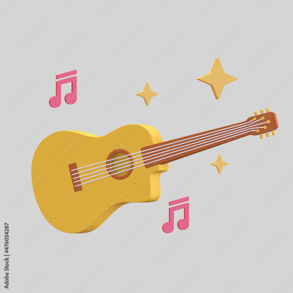 acoustic guitar icon with music note symbol entertainment 3d render illustration - obrazy, fototapety, plakaty 