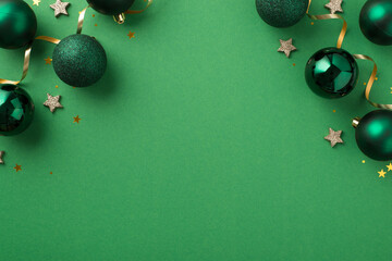 Top view photo of green christmas tree balls small shiny stars golden star shaped confetti serpentine and sequins on isolated green background with copyspace