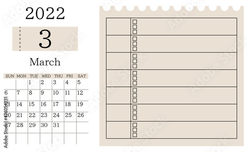 2022年3月カレンダーと表