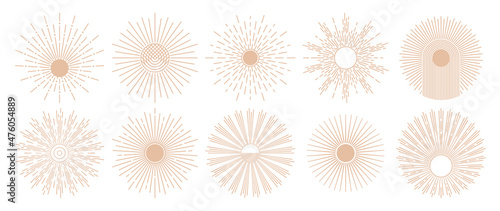 Minimalistic boho sun. Line art sunburst, radial rays in bohemian style and vintage suns vector illustration set