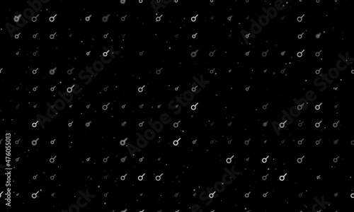 Seamless background pattern of evenly spaced white astrological connection symbols of different sizes and opacity. Vector illustration on black background with stars