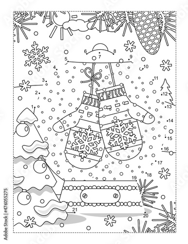 Full page snowglobe with mittens connect the dots puzzle and coloring page or activity sheet. Learning or reinforcing math basics of numbers and order.
