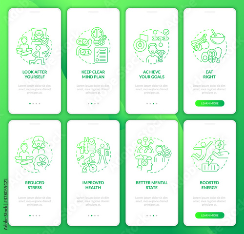 Life balance green gradient onboarding mobile app screen set. Selfcare walkthrough 4 steps graphic instructions pages with linear concepts. UI, UX, GUI template. Myriad Pro-Bold, Regular fonts used