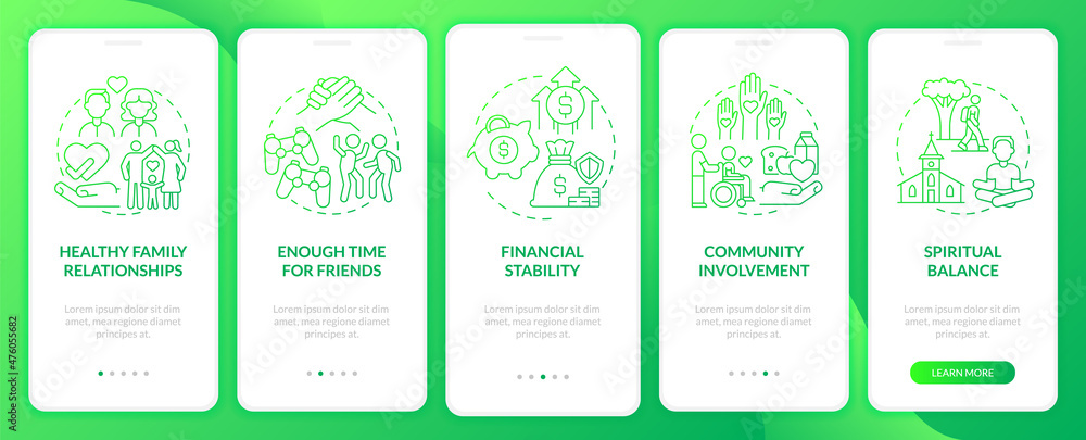 Signs of balanced life green gradient onboarding mobile app screen. Joy walkthrough 5 steps graphic instructions pages with linear concepts. UI, UX, GUI template. Myriad Pro-Bold, Regular fonts used Signs of balanced life green gradient onboarding mobile app screen. Joy walkthrough 5 steps graphic instructions pages with linear concepts. UI, UX, GUI template. Myriad Pro-Bold, Regular fonts used
