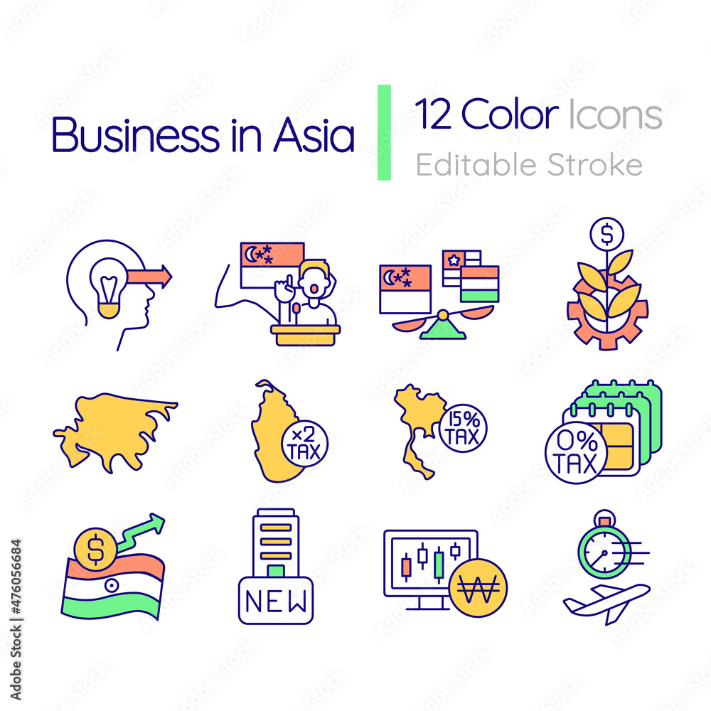 Business in Asia RGB color icons set. Lowering tax rates. Set up company in Singapore. Isolated vector illustrations. Simple filled line drawings collection. Editable stroke. Quicksand-Light font used