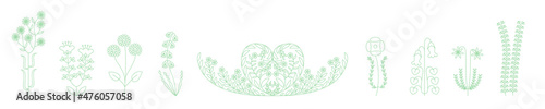 Blossom flower Set on white isolated background via Botanical illustration and Decorative floral object in line art