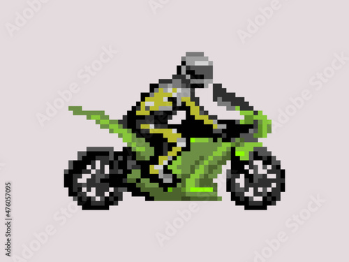 Illustration of a biker on a green sport motorcycle in pixel art style
