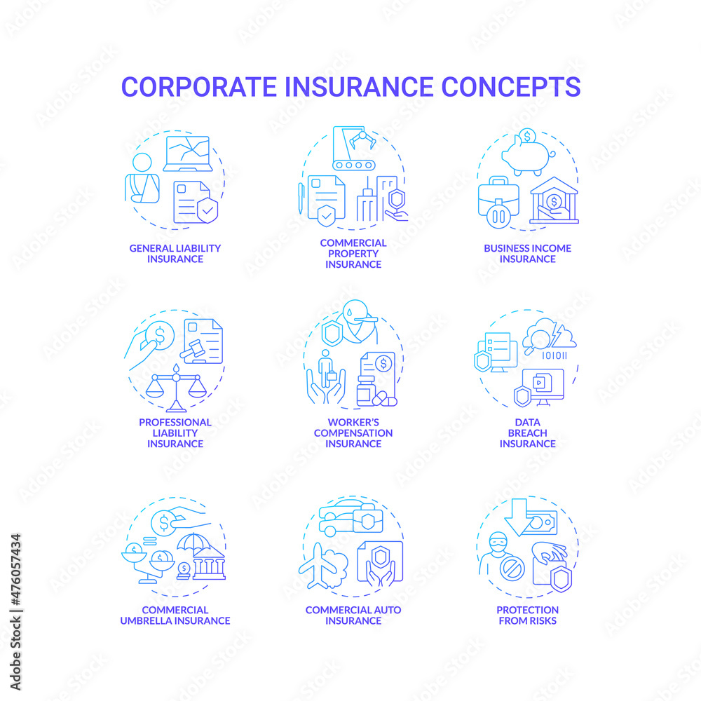 Corporate insurance blue gradient concept icons set. Business coverage for expense idea thin line color illustrations. Isolated outline drawings. Roboto-Medium, Myriad Pro-Bold fonts used