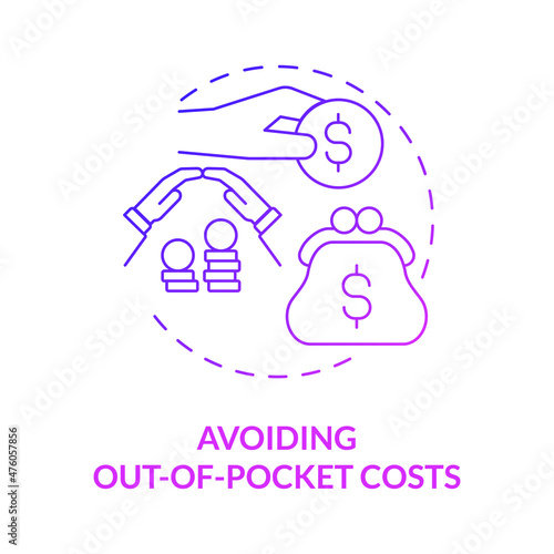 Avoiding out of pocket costs purple gradient concept icon. Corporate coverage program abstract idea thin line illustration. Isolated outline drawing. Roboto-Medium, Myriad Pro-Bold fonts used