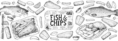 Fish and chips sketch vector illustration. British pub food. Hand drawn sketch. Cooking fish and chips. Engraved hand drawn vintage image. Menu design template.
