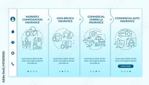Insurance types turquoise gradient onboarding template. Liability claim. Responsive mobile website with linear concept icons. Web page walkthrough 4 step screens. Lato-Bold, Regular fonts used