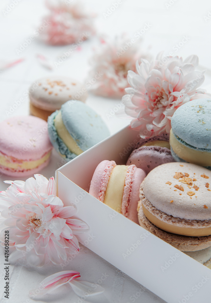 Colorful macaroons in a gift box and chrysantemum Colorful macaroons in a gift box and chrysantemum
