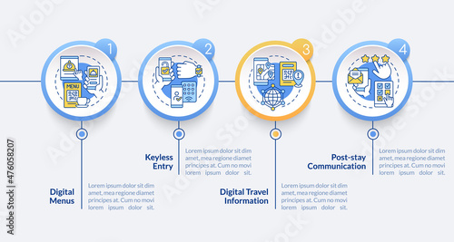 Contactless technology for hotels circle infographic template. Data visualization with 4 steps. Process timeline info chart. Workflow layout with line icons. Lato-Bold, Lato-Regular fonts used