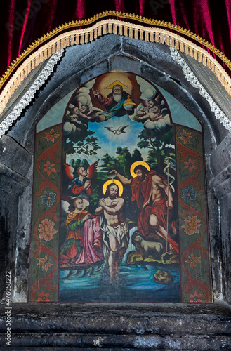 Mural on a wall in the Geghard temple in Armenia.