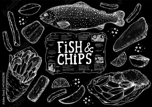 Fish and chips sketch vector illustration. British pub food. Hand drawn sketch. Cooking fish and chips. Engraved hand drawn vintage image. Menu design template.