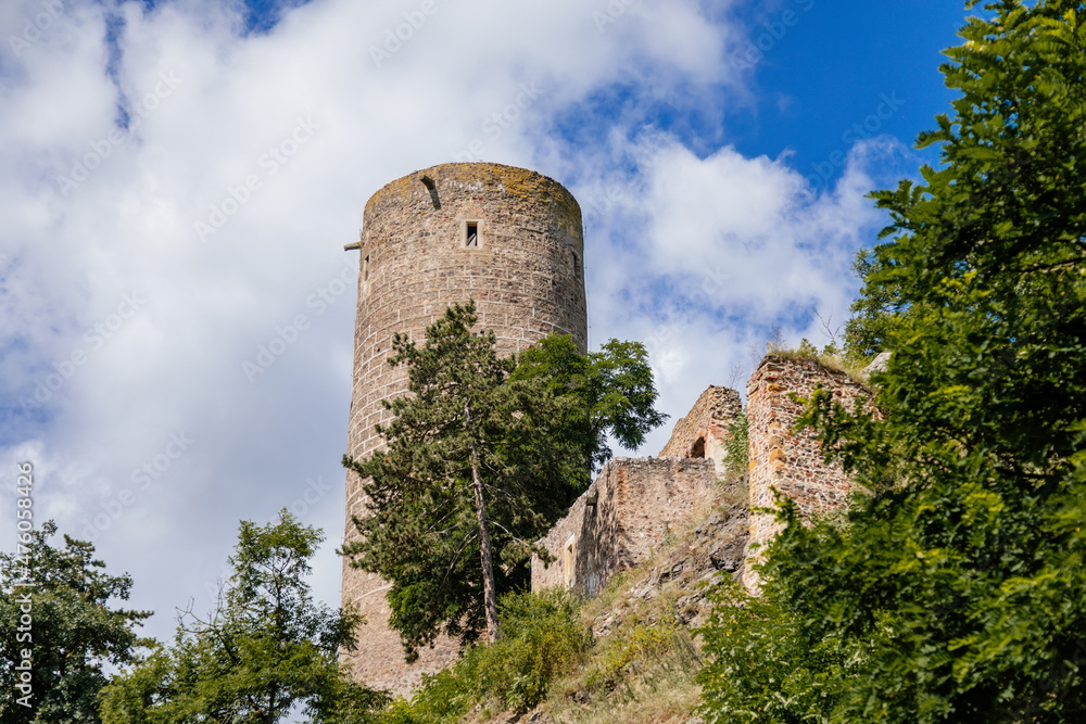 Tocnik, Central Bohemia, Czech Republic, 31 July 2021: Ruins of medieval castle Zebrak on hill, old stronghold with stone tower, ancient gothic fortress at summer sunny day, landmark in countryside