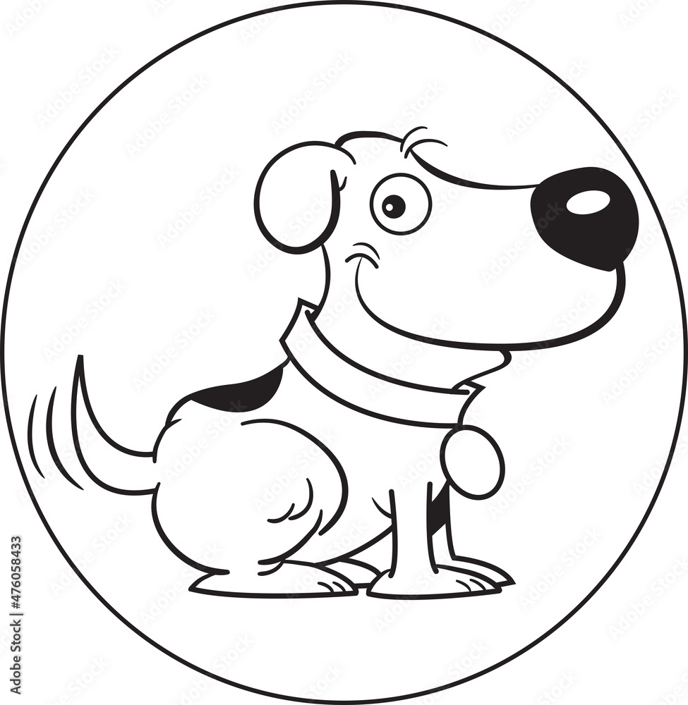 Black and white illustration of a happy smiling dog with a dog collar. Black and white illustration of a happy smiling dog with a dog collar.