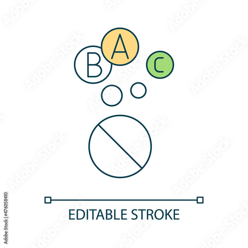 Multivitamin pill RGB color icon. Supplement for healthy lifestyle. Wellbeing and healthcare. Isolated vector illustration. Simple filled line drawing. Editable stroke. Arial font used