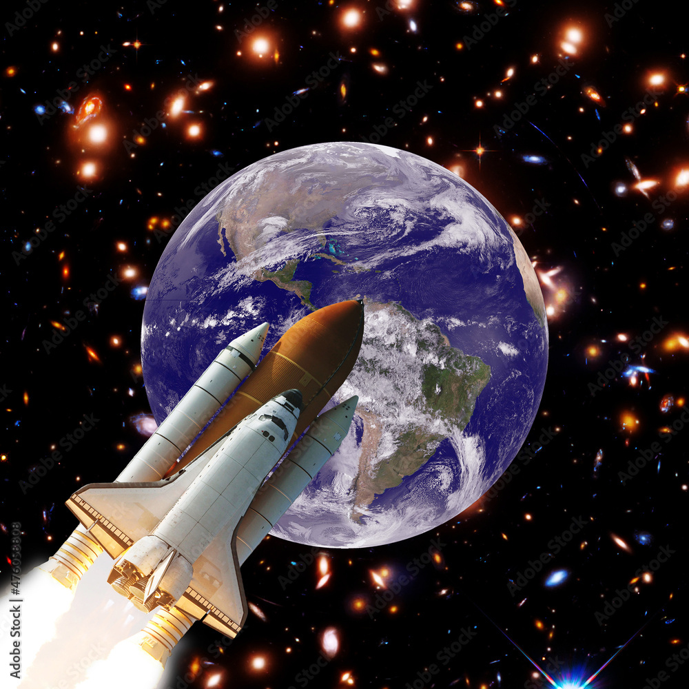 Naklejka premium Earth and rocket in space. The elements of this image furnished by NASA.