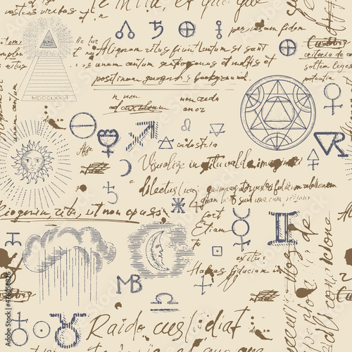 Seamless esoteric pattern. Alchemy, magic, witchcraft and mysticism are esoteric symbols. Background from a manuscript with occult sketches and careless handwritten text in retro style