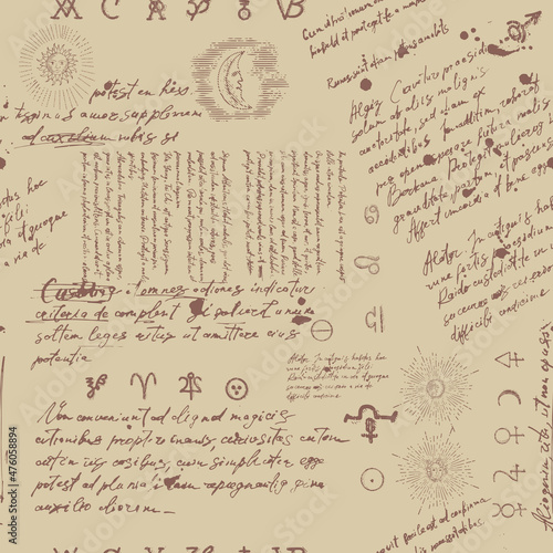Seamless esoteric pattern. Astrological, magical and esoteric symbols. Background from a manuscript with occult sketches and sloppy handwritten text in the style of a sketch
