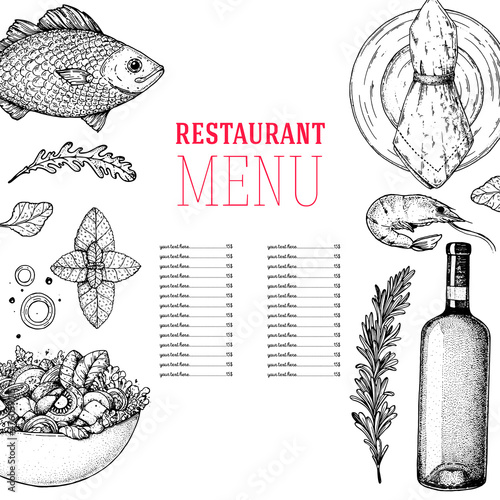 Restaurant menu. Food top view. Sketch illustration. Food menu design template. Hand drawn sketch vector illustration.