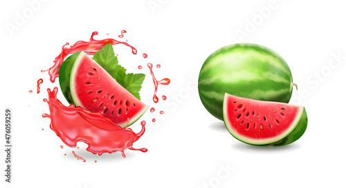 Watermelon 3d realistic , fruit in watermelon transparent red juice splash vector