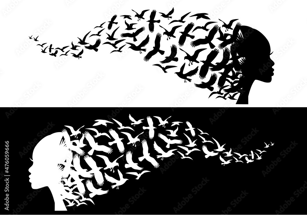 Fototapeta premium Black woman silhouette with flying birds, vector illustration