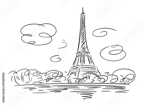 Sketch of the Eiffel Tower on the background of the river. Vector hand illustration
