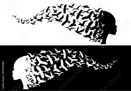 Black woman silhouette with flying birds, vector illustration