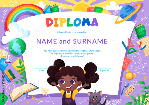 Colorful school and preschool diploma certificate for kids and children in kindergarten or primary grades with school pack, kit and cute happy pupil and cat. Vector cartoon flat illustration