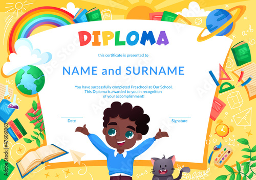 Colorful school and preschool diploma certificate for kids and children in kindergarten or primary grades with school pack, kit and cute happy pupil and cat. Vector cartoon flat illustration
