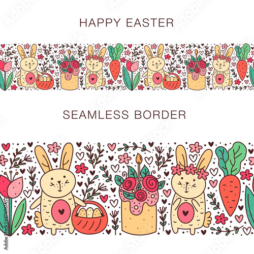 Happy Easter doodle line art elements. Rabbit, bunny, christian cross, cake, cupcake, chicken, egg, hen, flower, carrot, sun. Isolated on white background. Seamless border, banner.