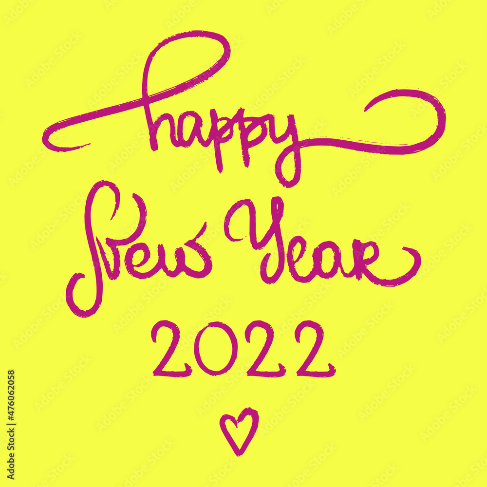 Happy New Year 2022 numbers red yellow heart label square background. Mono line calligraphy text brochure. Christmas pattern design stock vector illustration print present napkin congratulation xmas