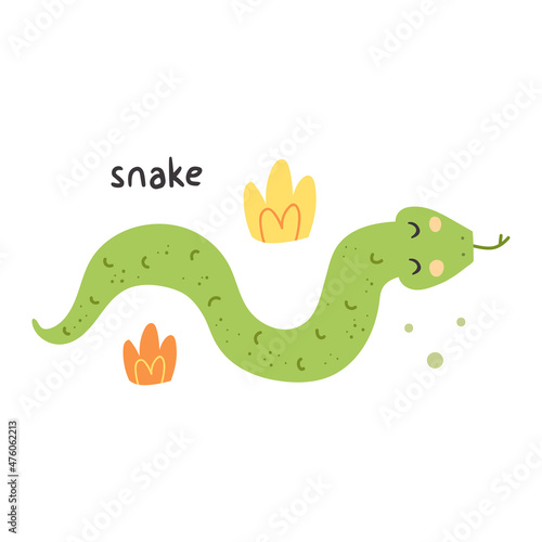 Wild animal childish illustration. Snake with herbs, grass. Vector design for children. Isolated on white background.