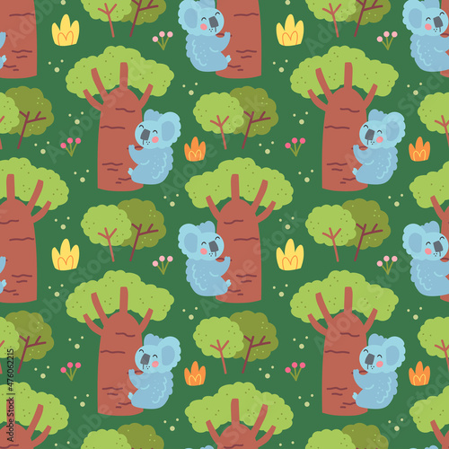 Wild animals endangered species. Seamless pattern, texture, background. Koala bear on the tree. Vector design for children. Editable background.