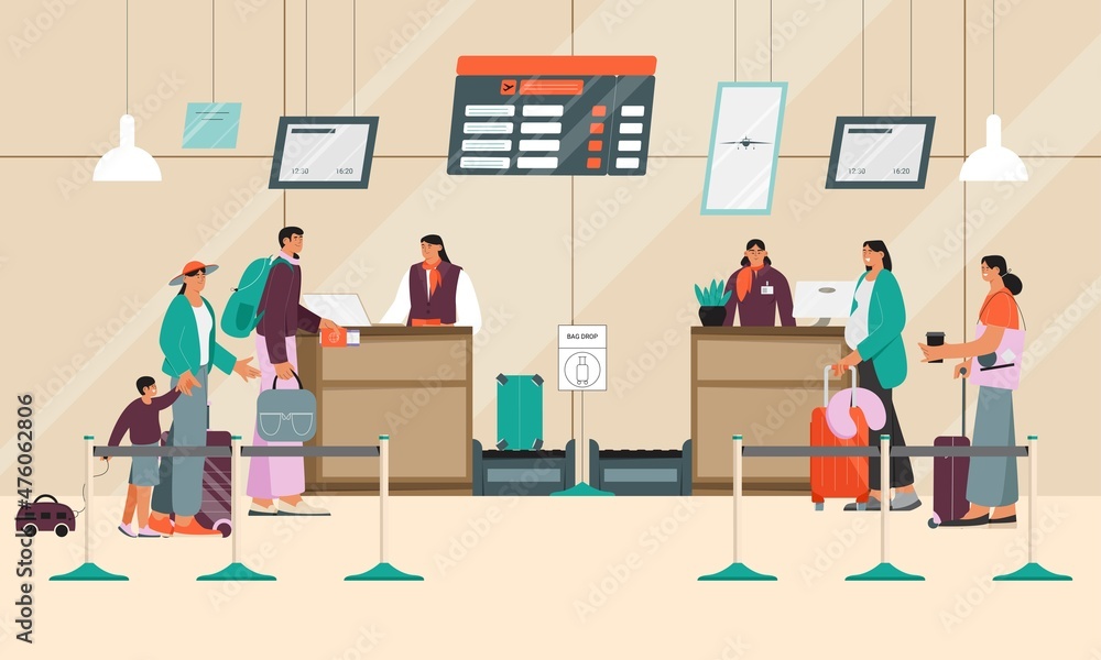 Baggage drop off at the airport terminal, queue of passengers (young man and women, pregnant woman, woman with a child), check in desk and flight registration. Flat vector illustration. Baggage drop off at the airport terminal, queue of passengers (young man and women, pregnant woman, woman with a child), check in desk and flight registration. Flat vector illustration.