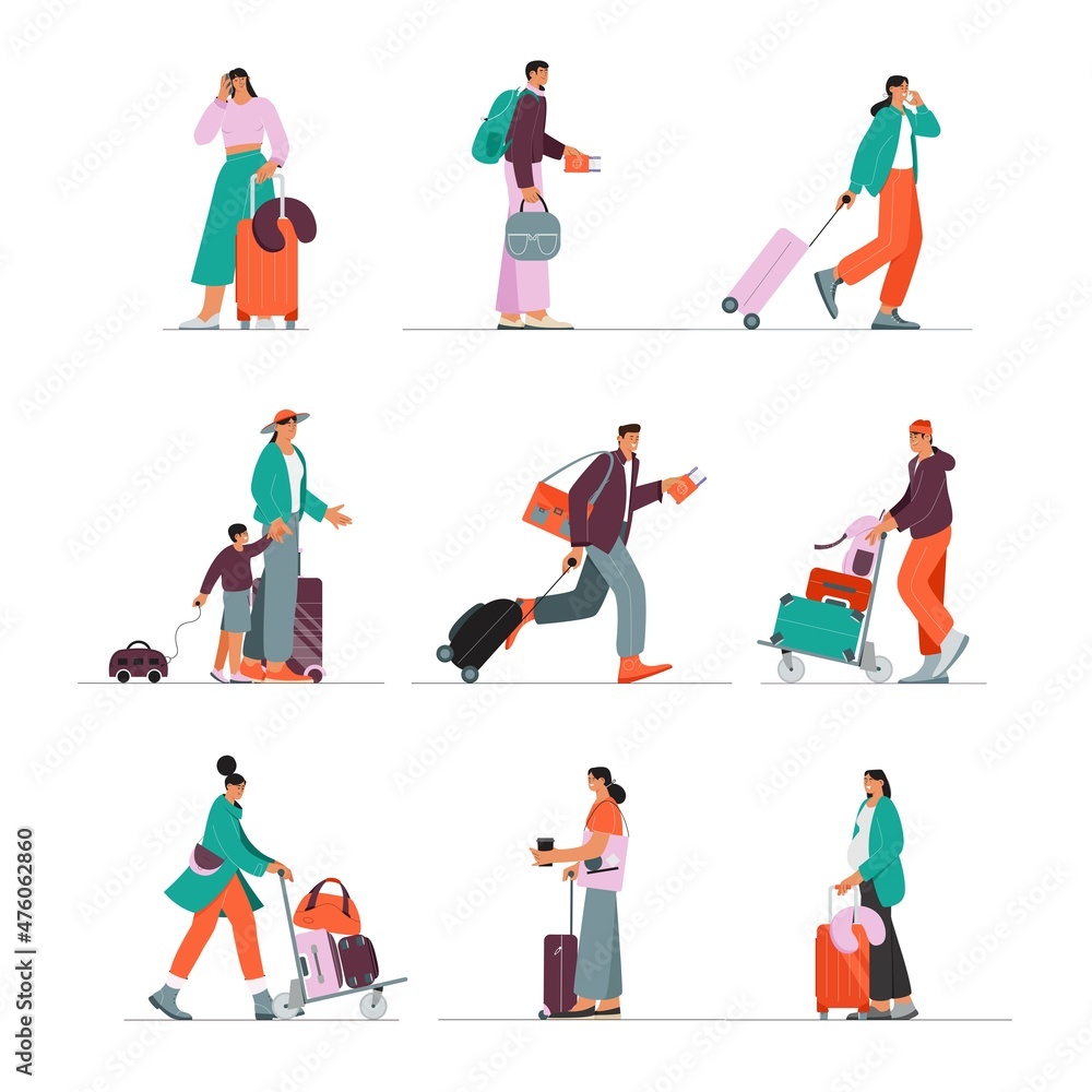 Set of scenes with people at the airport, walking with baggage, checking in, waiting for the flight, printing boarding pass. Vector illustration