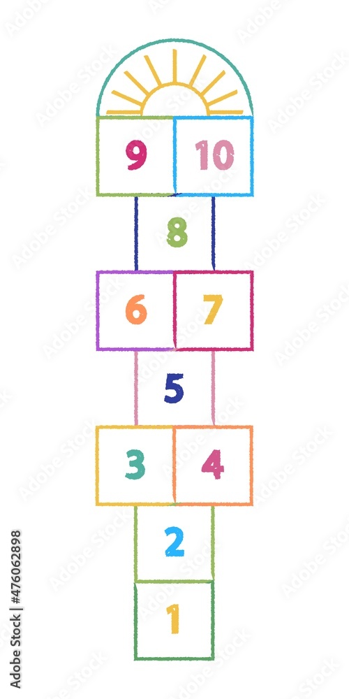 © Purple_Lamp - Hopscotch kid activity game isolated on white background. Design children games drawn colored crayons in which play outside.