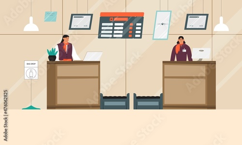 Check in or gate desk with flight attendants and departures table. Vector illustration