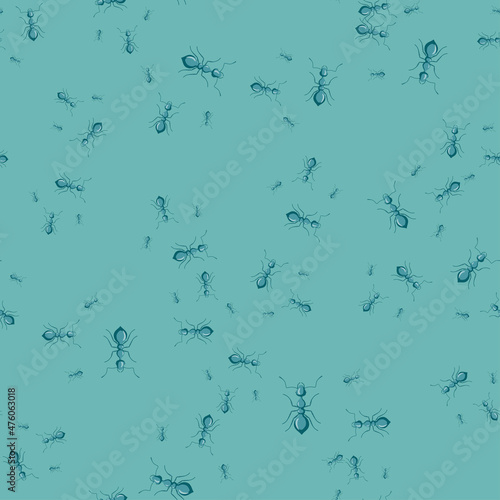 Ants seamless pattern. Insects on colorful background. Vector illustration for textile