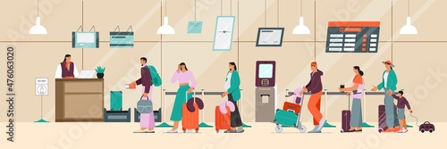 Baggage drop off at the airport terminal, queue of passengers (young men and women, pregnant woman, woman with a child), chek in desk and flight registration. Flat vector illustration.