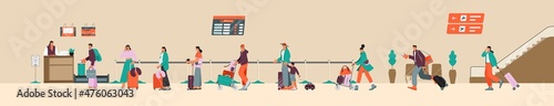 Baggage drop off at the airport terminal, queue of passengers (young men and women, pregnant woman, woman with a child, running man), chek in desk and flight registration. Flat vector illustration.