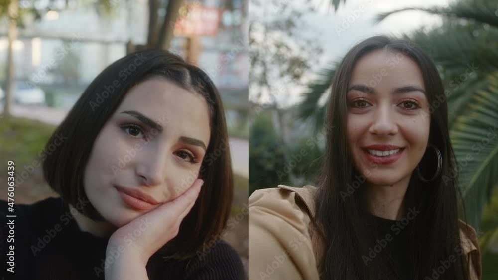 Two girls phone video call. Friends chat concept. Two-way conversation Two girls phone video call. Friends chat concept. Two-way conversation