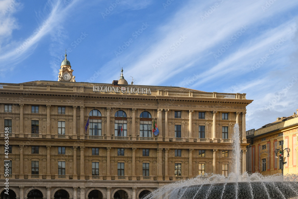 Exterior of the Liguria Region Palace with the gushing fountain of Piazza De Ferrari square in the city centre, Genoa, Liguria, Italy