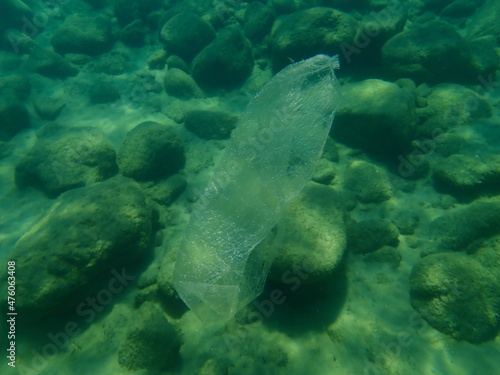 Plastic garbage underwater, Aegean Sea, Greece, Halkidiki. Sea pollution.