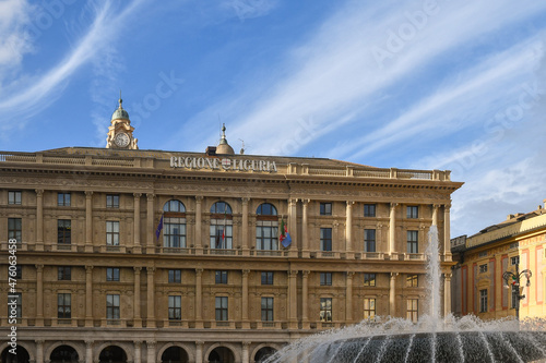 Exterior of the Liguria Region Palace with the gushing fountain of Piazza De Ferrari square in the city centre, Genoa, Liguria, Italy photo
